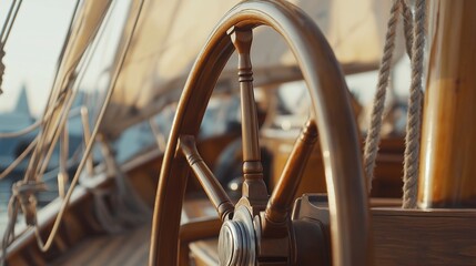 close-up of a steering wheel on a classic sailboat, with ropes and sails in the background