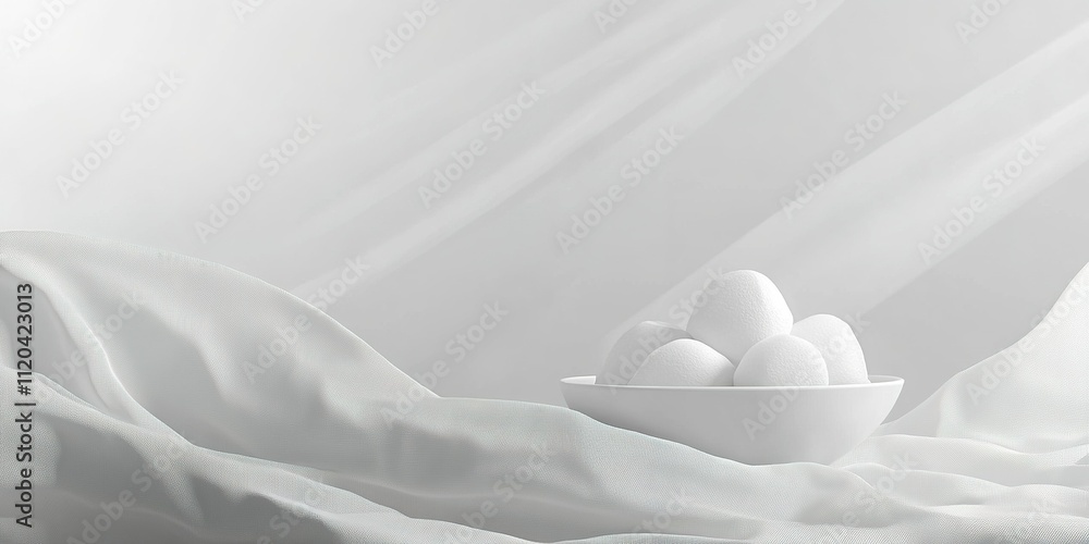 Poster soft textures and delicate light create an elegant display of white eggs in a bowl on draped fabric