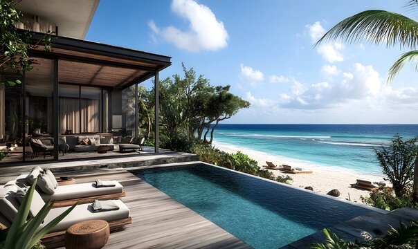 The villa’s private beach cove featuring chic lounge chairs and a stylish cabana
