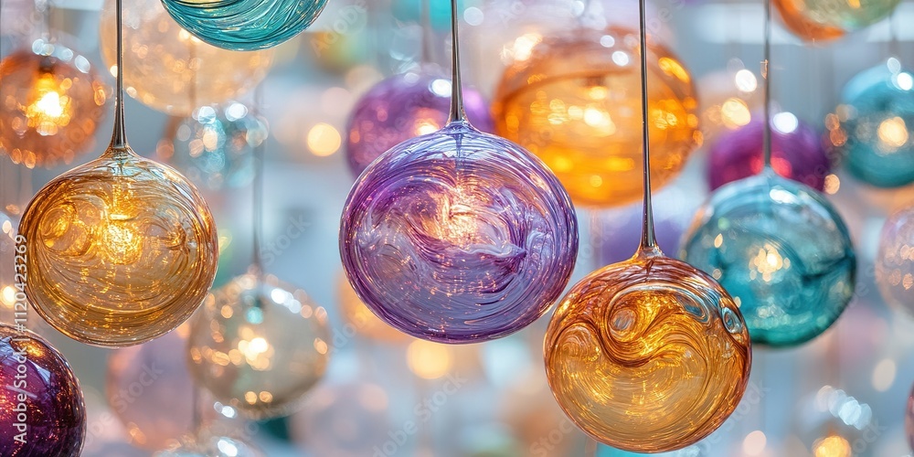 Poster colorful glass orbs hanging in a bright setting create a captivating visual display in an artistic e