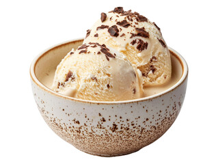 Delicious vanilla ice cream with chocolate flakes in a rustic bowl, perfect for summer treats.