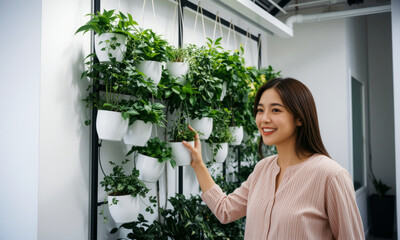 woman interacts with vertical garden, showcasing her love for plants and greenery. vibrant foliage creates refreshing atmosphere in space