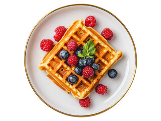 Delicious waffle topped with fresh raspberries and blueberries, served on a white plate.
