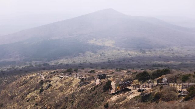 Hallasan National Park, Jeju island, South Korea, spring view of Yeongsil trail with a wooden ladder path stairs, trekking and climbing, stairway to Halla mountain, hiking in Korea, Jeju-do, sunny day