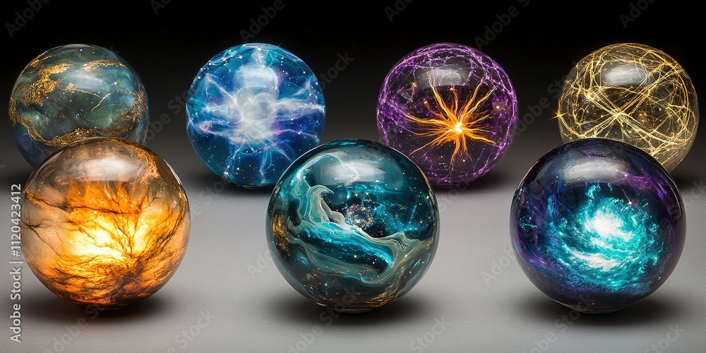 Poster colorful mystical orbs with different cosmic designs arranged in a circular display on a dark backgr