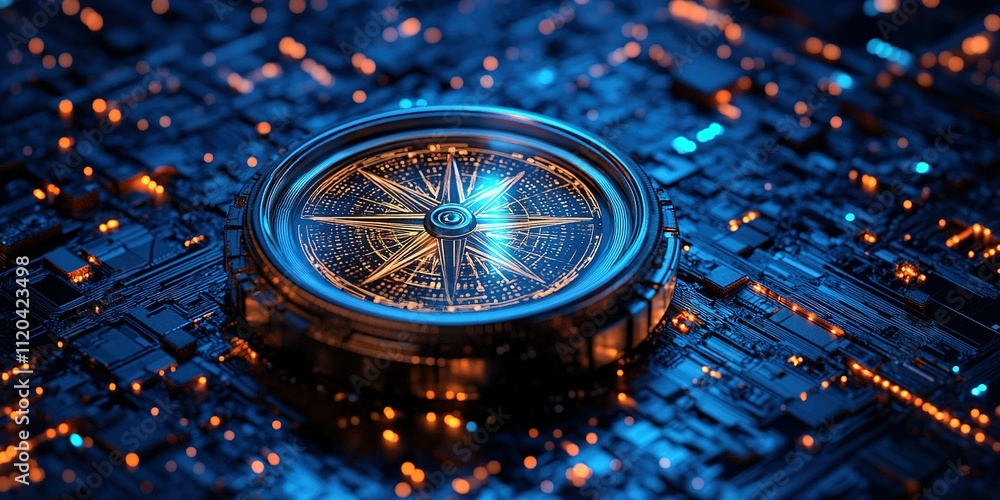 Poster high-tech compass on a glowing circuit board with intricate patterns and led lights