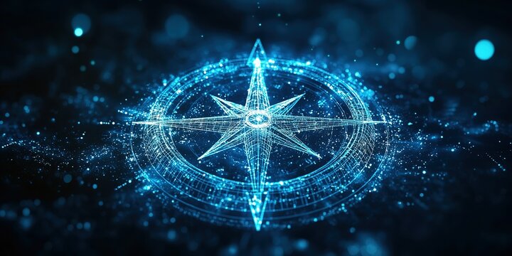 Navigational compass design illuminated in blue light, showcasing digital artistry and geometric patterns in a dark background