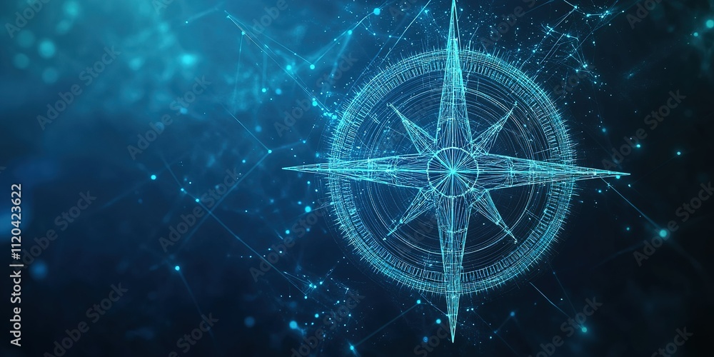 Poster digital compass design showcasing intricate patterns and glowing effects against a dark background