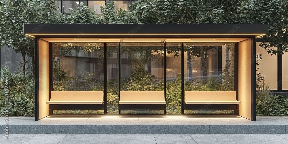 Poster modern bus shelter design featuring sleek lines and ample seating in an urban environment