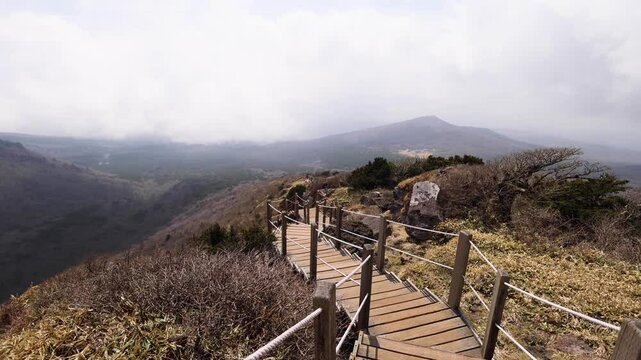 Hallasan National Park, Jeju island, South Korea, spring view of Yeongsil trail with a wooden ladder path stairs, trekking and climbing, stairway to Halla mountain, hiking in Korea, Jeju-do, sunny day