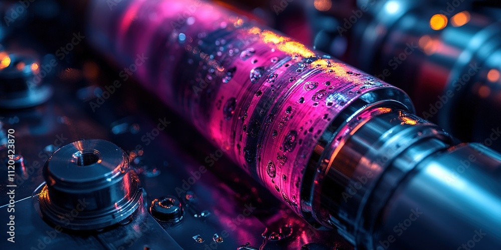 Poster close-up view of a colorful metallic engine component with water droplets in a dimly lit workshop en