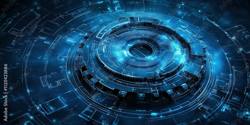 Poster digital abstract design showcasing futuristic technology with glowing blue circular patterns and int