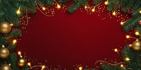 Christmas background with vibrant tones and decorative tree branches. Adorned with dark lights and shimmering ornament balls, elegant holiday frame. Perfect for banners, posters, or festive designs.
