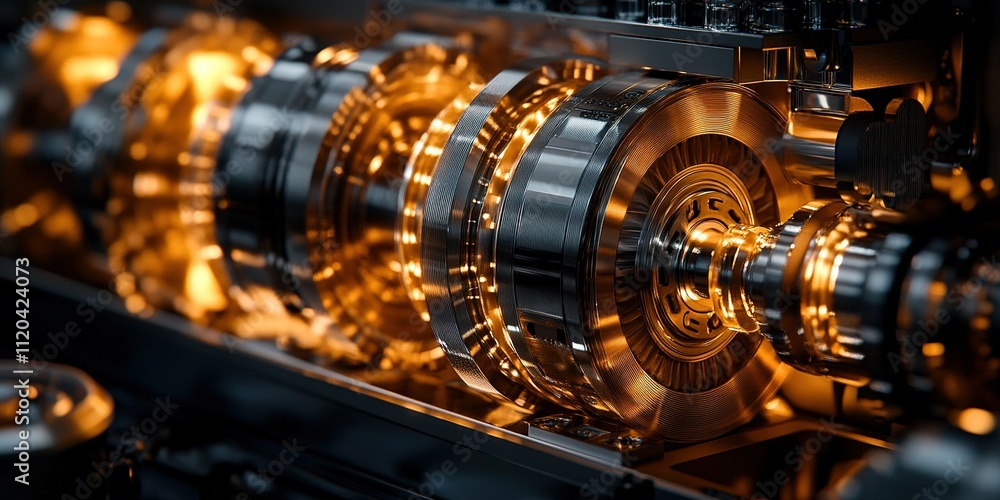 Poster close-up view of high-tech machinery components showcasing intricate design and golden illumination 