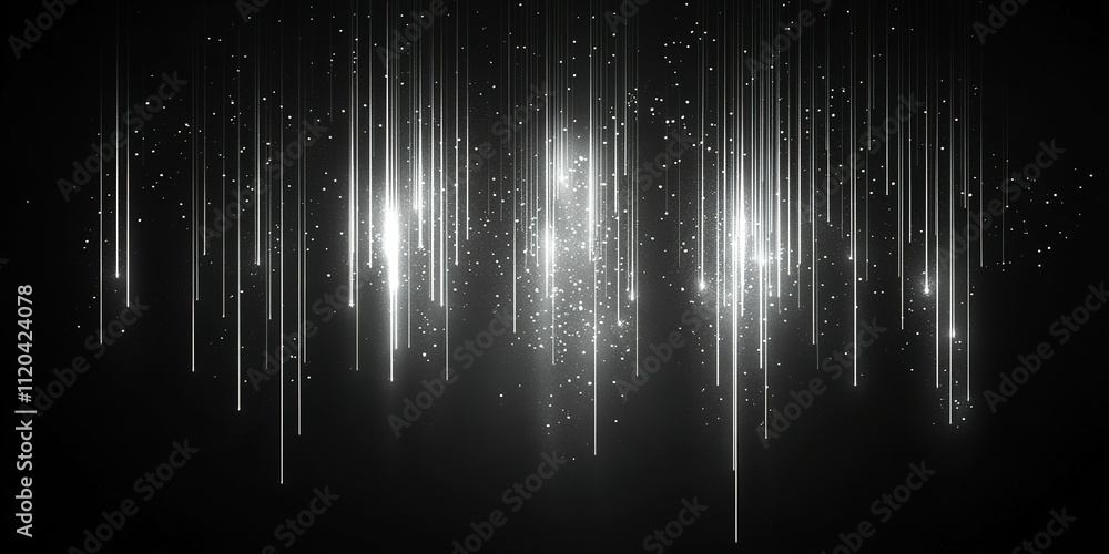 Poster streaks of light create an ethereal atmosphere in a dark space filled with shimmering particles