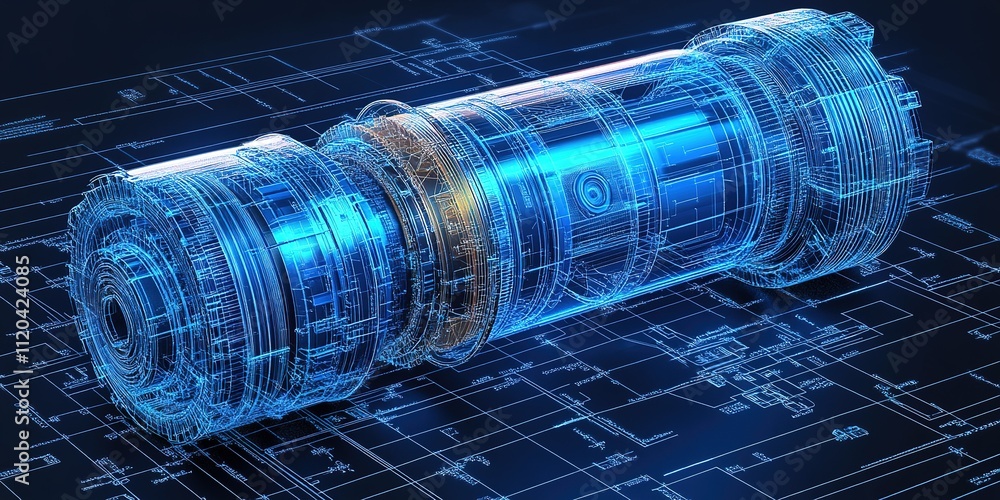 Poster detailed blueprint visualization of a high-tech mechanical component with glowing elements and intri