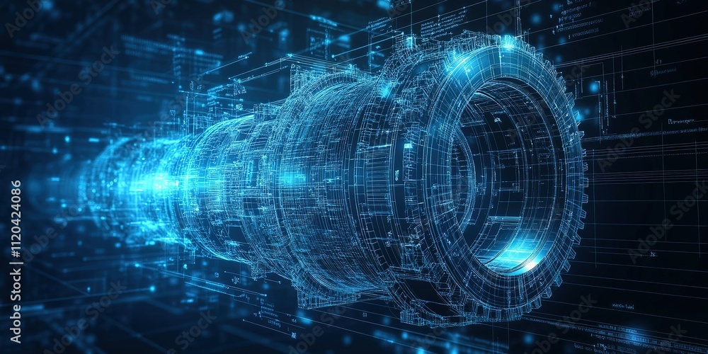 Poster futuristic digital representation of a mechanical component with glowing blue elements and data over