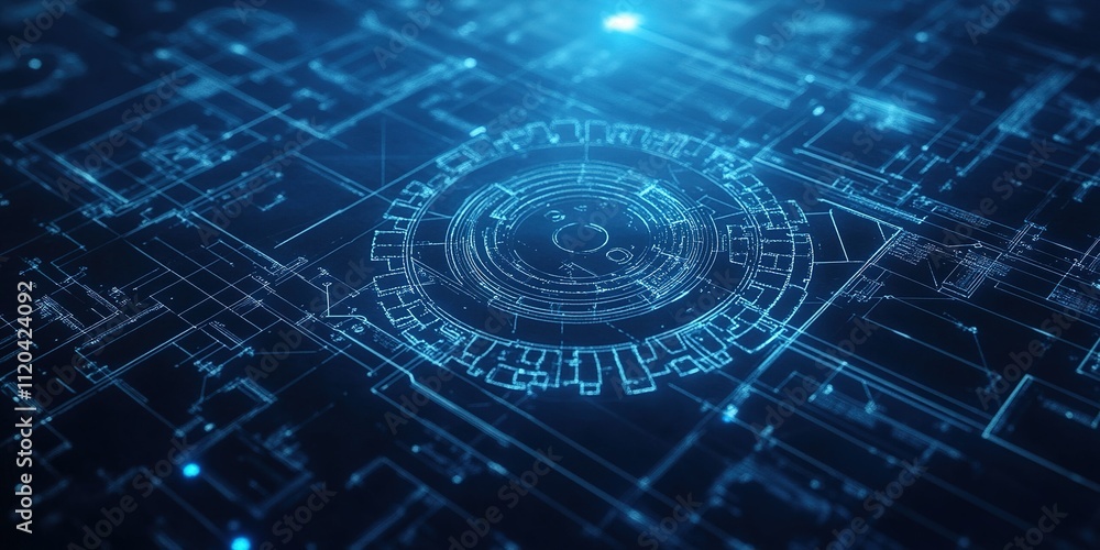 Poster Digital circuitry design showcasing intricate patterns and glowing elements in a futuristic setting