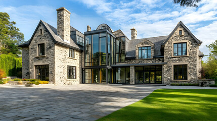 Fototapeta premium Luxury Irish Stone Cottage with Walled Garden and Castle Views, Modern County Galway Estate