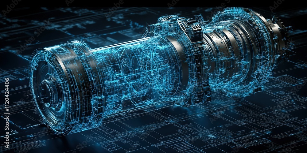 Poster 3d holographic engine model showcasing advanced technology and design in a futuristic environment