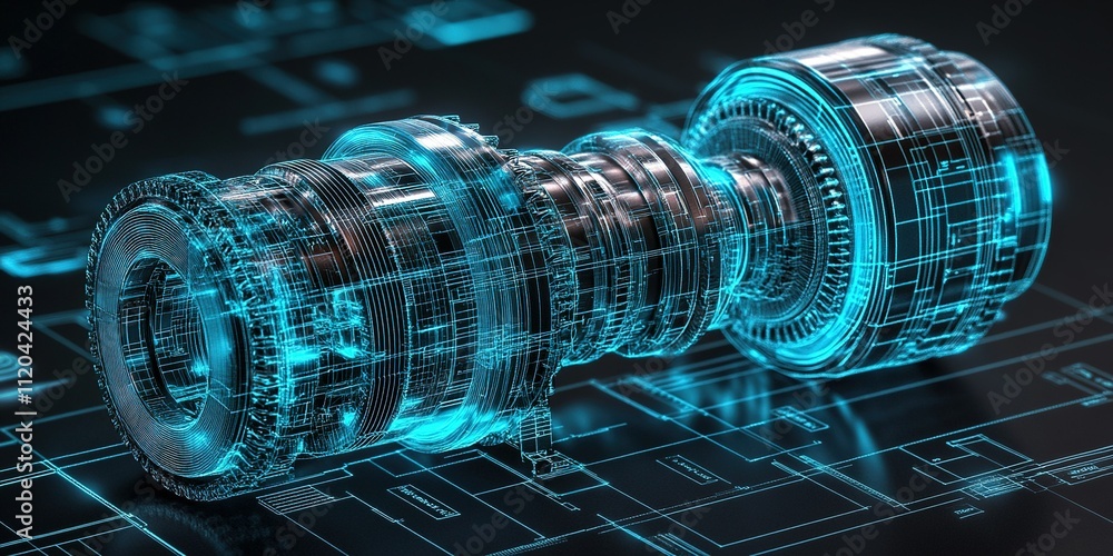 Poster 3d rendering of a futuristic engine component with detailed digital schematics in a high-tech enviro