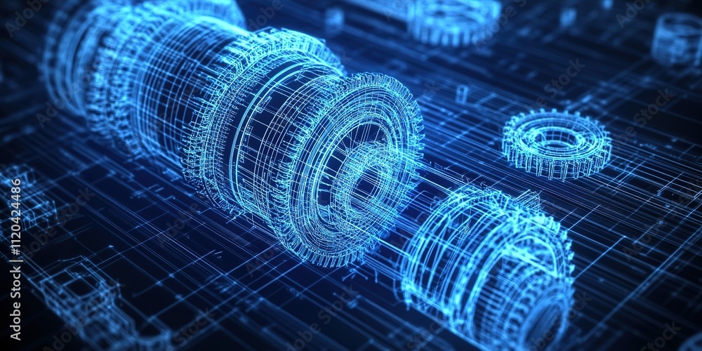 Poster detailed representation of a blue holographic mechanical design featuring gears and rotary component