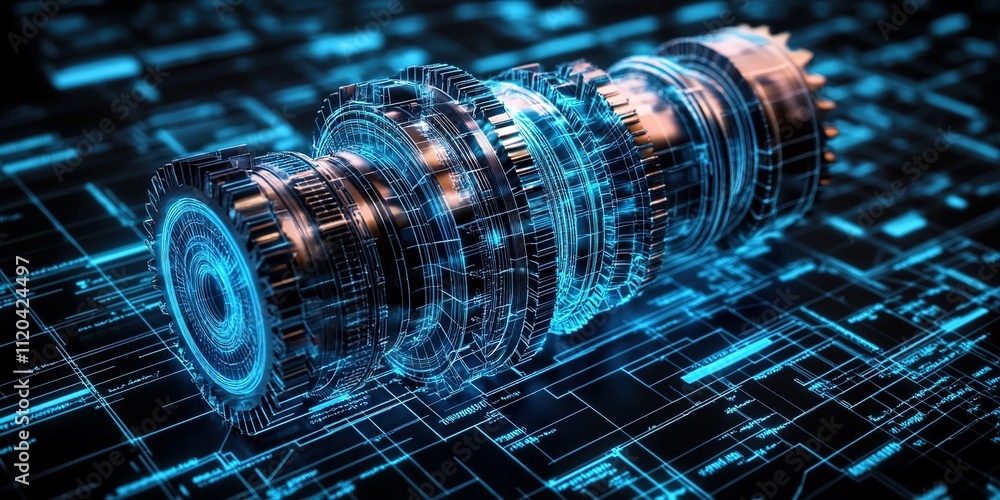 Poster complex mechanical gears rotating against a digital interface showcasing advanced technology
