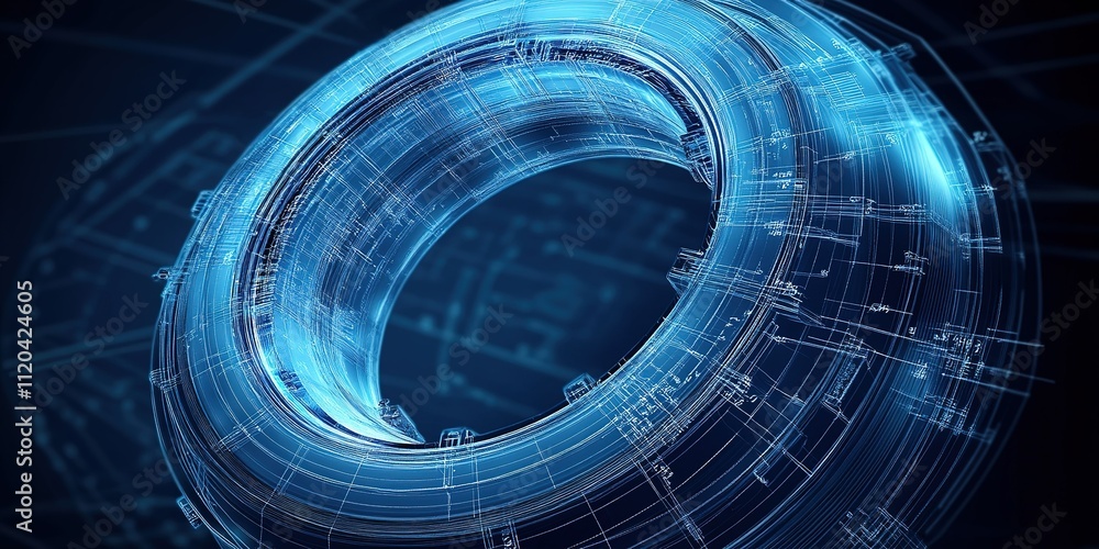 Poster digital representation of a tire showcasing engineering and design elements in a modern style