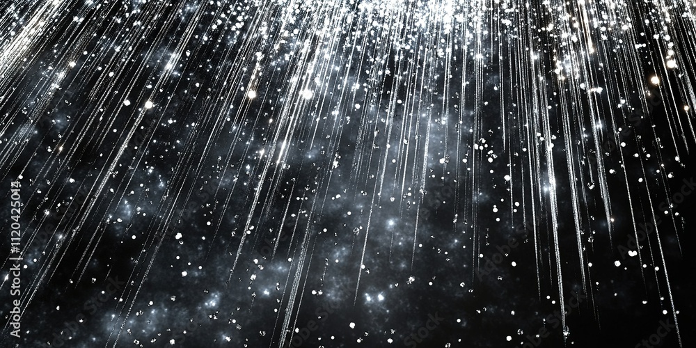 Poster shimmering silver and white particles cascade down against a dark background, creating a mesmerizing