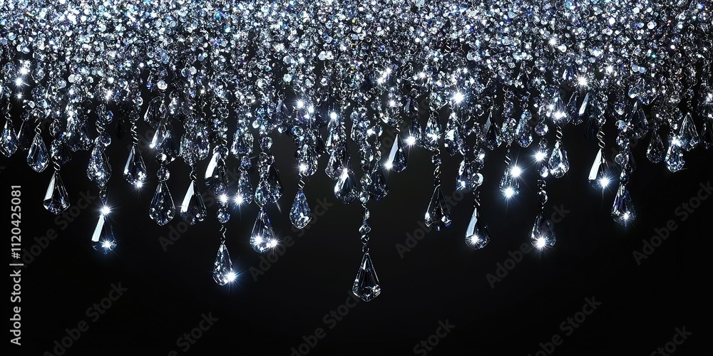 Poster shimmering crystal droplets form an elegant chandelier with sparkling lights in a dark setting