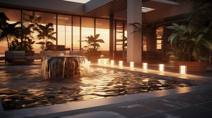 Fototapeta premium A photo of a reception area with a water feature.