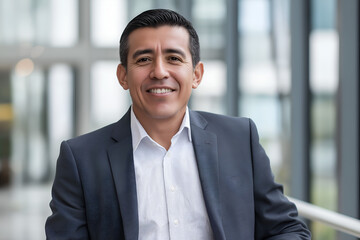 Portrait of a successful Mexican businessman looking at camera and smiling inside modern office building