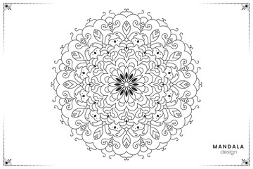 Geometric hand-drawn floral mandala design element in black and white, ornate ethnic oriental style in vector format for coloring books, suitable for mehndi, textiles, posters and tattoos