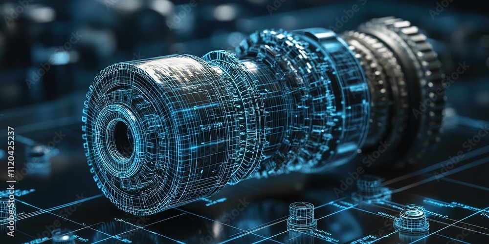 Poster futuristic engine component displayed with digital overlay showcasing intricate details and technolo