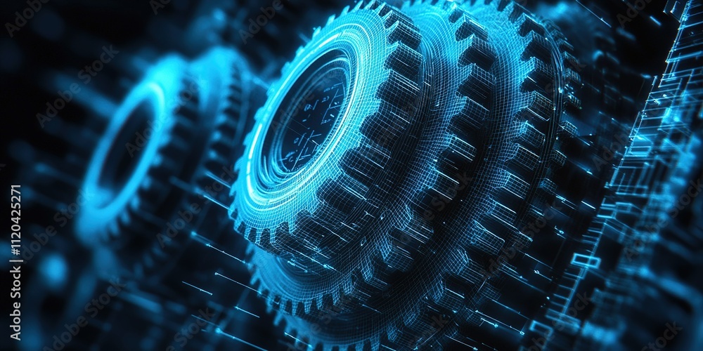 Poster innovative gears designed with digital technology in a futuristic setting