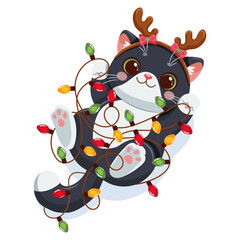 Vector illustration of a playful black and white cartoon cat tangled in colorful Christmas lights