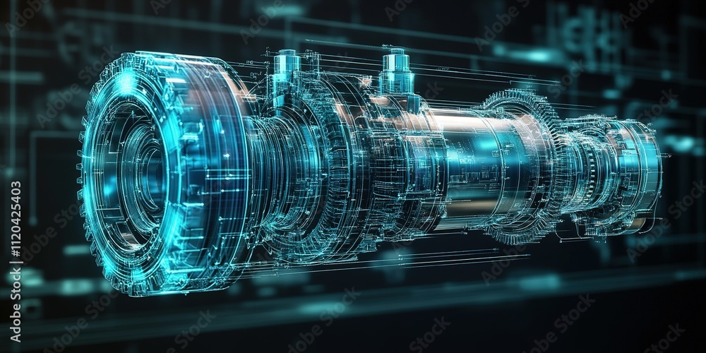 Poster digital rendering of a futuristic mechanical component with intricate details and glowing elements i