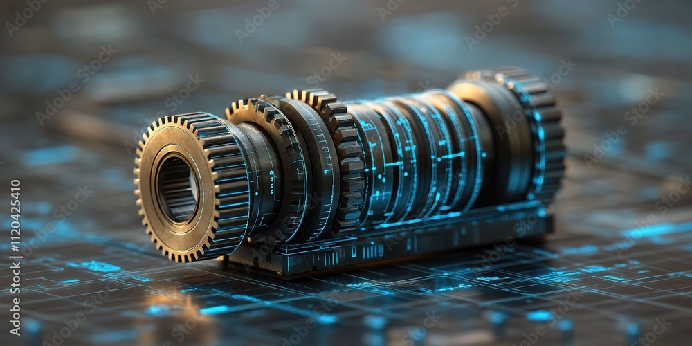 Poster metallic gears with blue digital circuitry on a textured surface showcase an innovative mechanical d