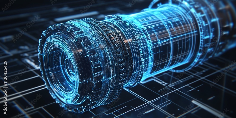 Poster advanced technology visualization of a futuristic camera lens design in a digital environment