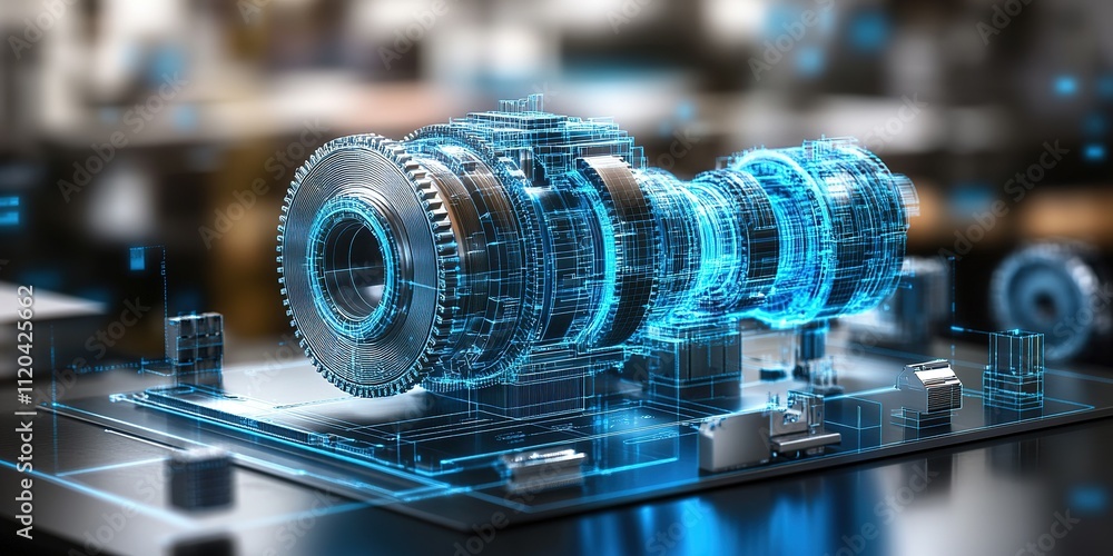 Poster advanced digital model of a mechanical engine component displayed in a high-tech workspace with blue
