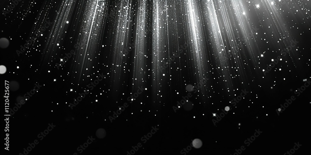 Poster ethereal light beams shining through dark space with sparkling particles floating gracefully