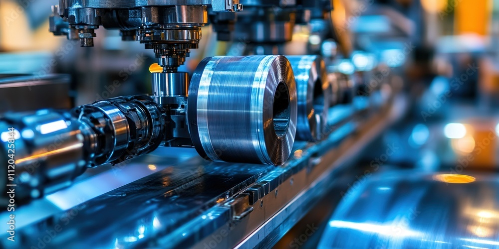 Poster precision metalworking in a factory with intricate machinery operating on steel components