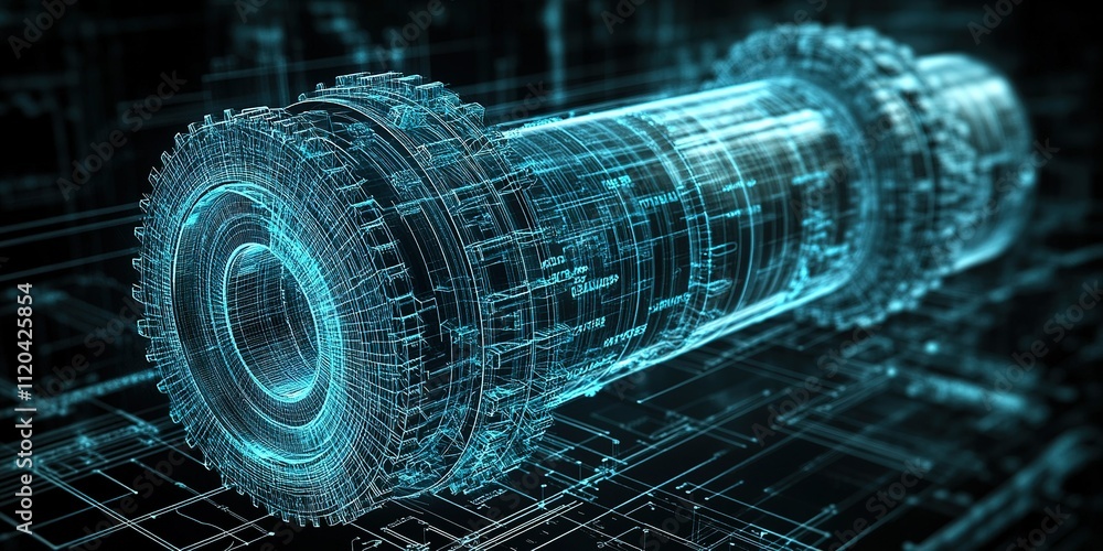 Poster digital representation of a mechanical component showcasing intricate design and engineering in a fu