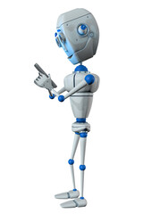 White robot with blue joints gesturing with his face while chatting with his smartphone against transparent background. 3D Illustration