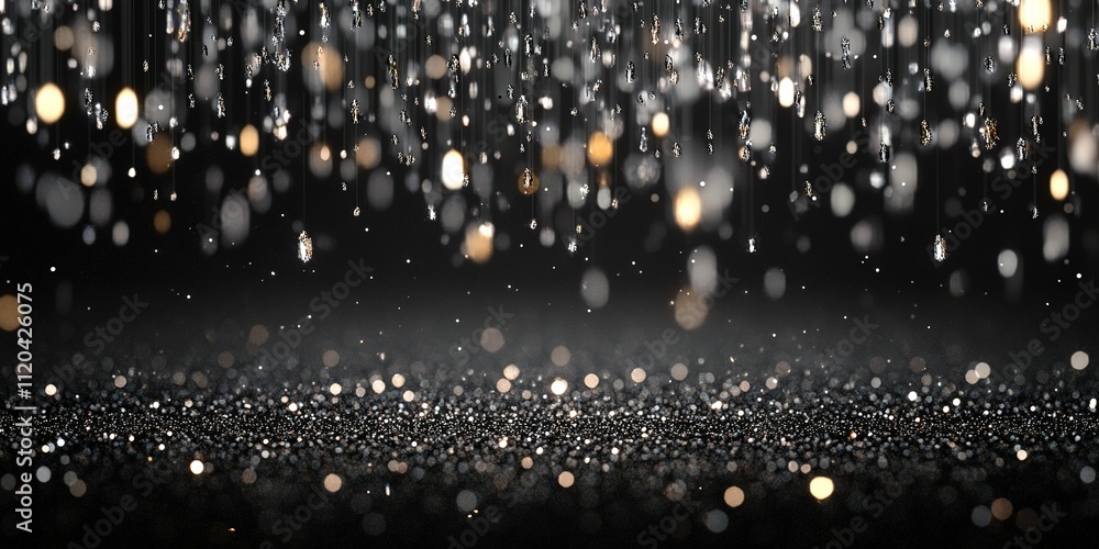 Poster sparkling raindrops cascading down over a dark, shimmering surface in a captivating display of light