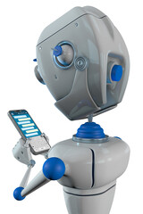 White robot with blue joints gesturing with his face while chatting with his smartphone against transparent background. 3D Illustration