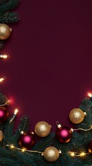 Christmas background with vibrant tones and decorative tree branches. Adorned with dark lights and shimmering ornament balls, elegant holiday frame. Perfect for banners, posters, or festive designs.