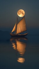 A sailboat floating on the lake under moonlight