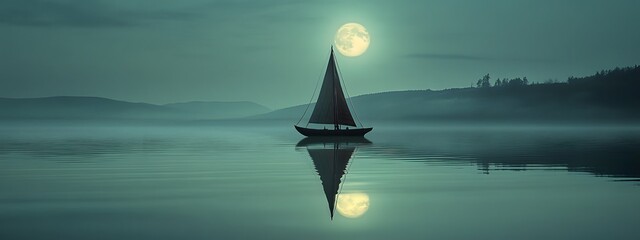A sailboat floating on the lake under moonlight
