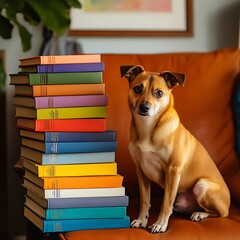 Dog sitting near stack of books